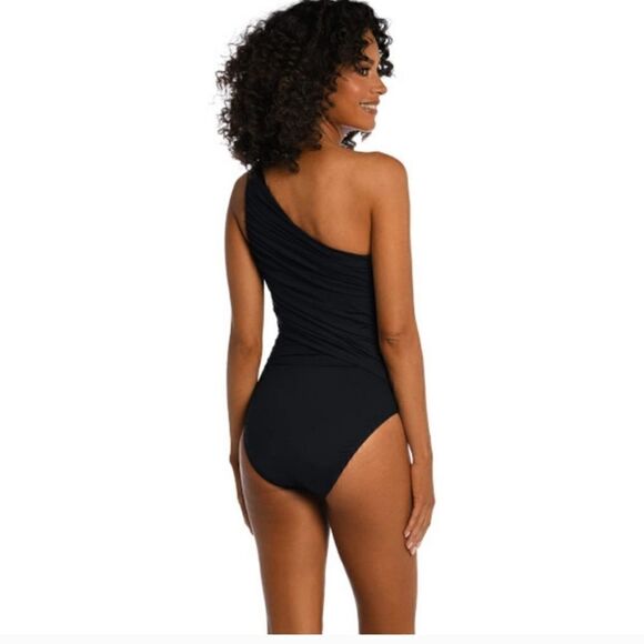 La Blanca Island Goddess Shirred One Shoulder One Piece - Black Size 14 NWT - Picture 3 of 4